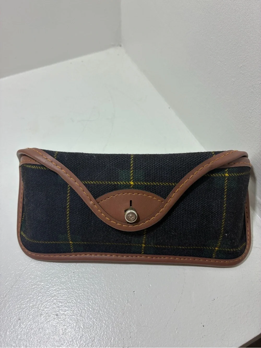 Polo by Ralph Lauren Brown Suede Eyeglass Case with Navy Plaid Accent